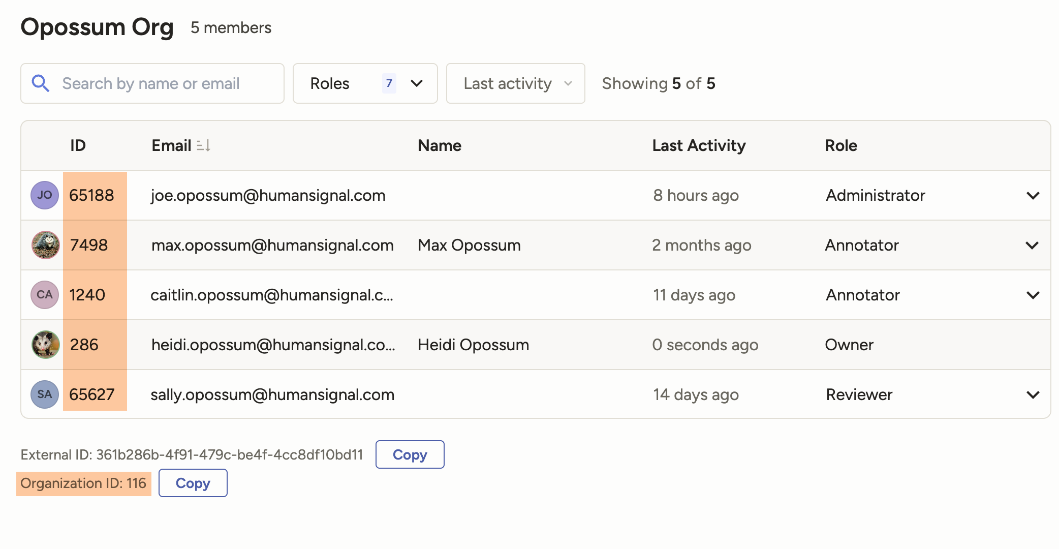 Screenshot of the role drop-down menu
